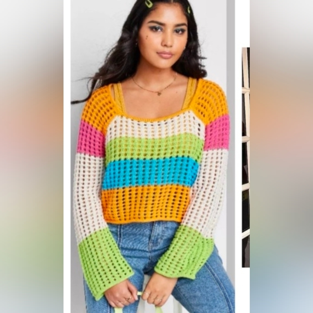 Crochet Long Sleeve Cropped Multicolor Sweater Top XS Relaxed Fit